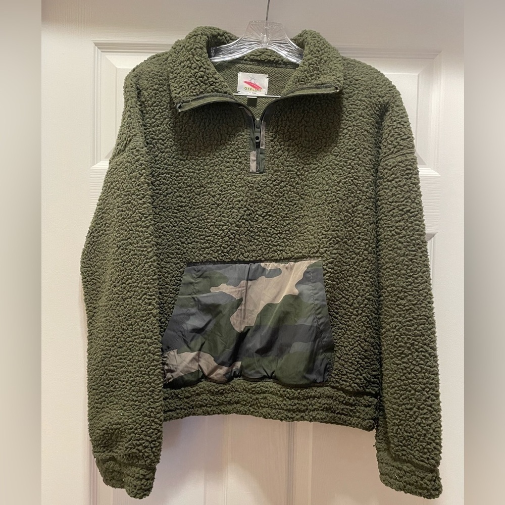 Aerie Offline Teddy Sherpa Green Half Zip Sweater Jacket Size S
